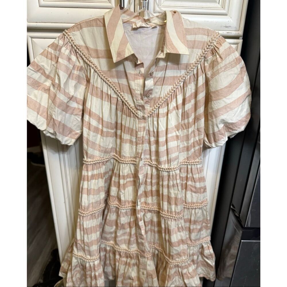 Anthropologie Let Me Be Women's Striped Embroidered Mini Dress Cream Tan Small
